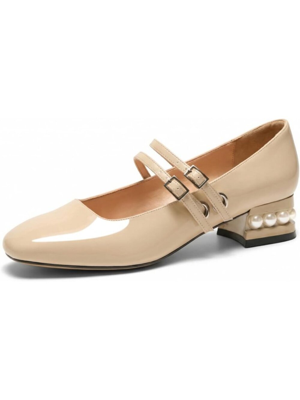 〽️Women's Pearl Khaki Mary Jane Low Heels Closed Square Toe Double Strap Shoes